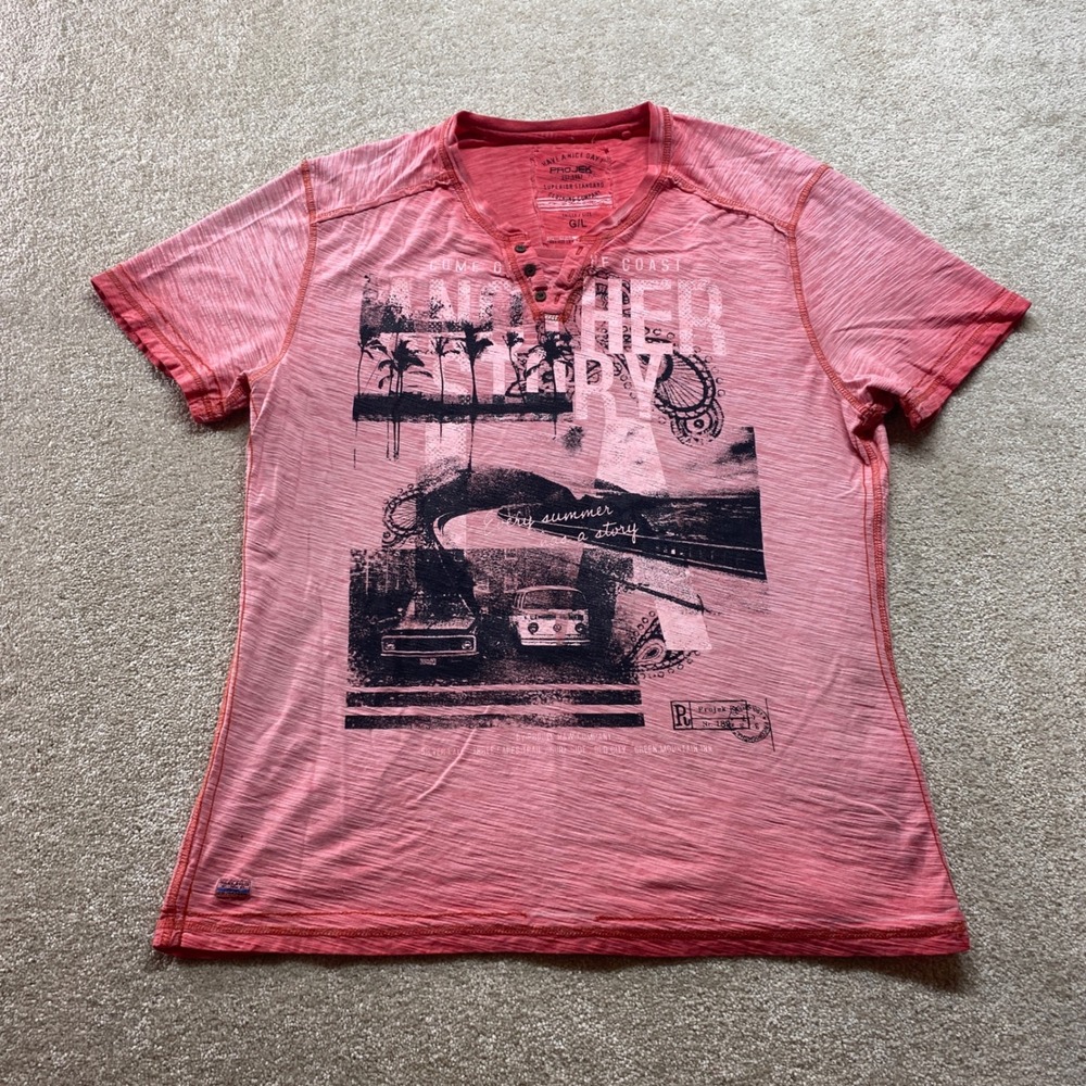 Projek Raw Shirt Mens Large Red Graphic Tee Summer Coastal Road‎ Trip